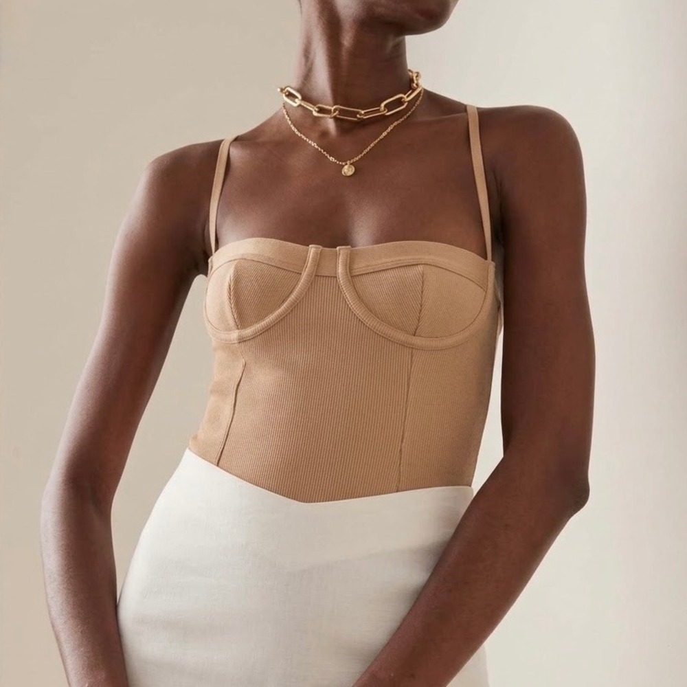 HAIGHT Vintage Knit Bodysuit Women Small Tan Ribbed Stretch Underwire Sleeveless